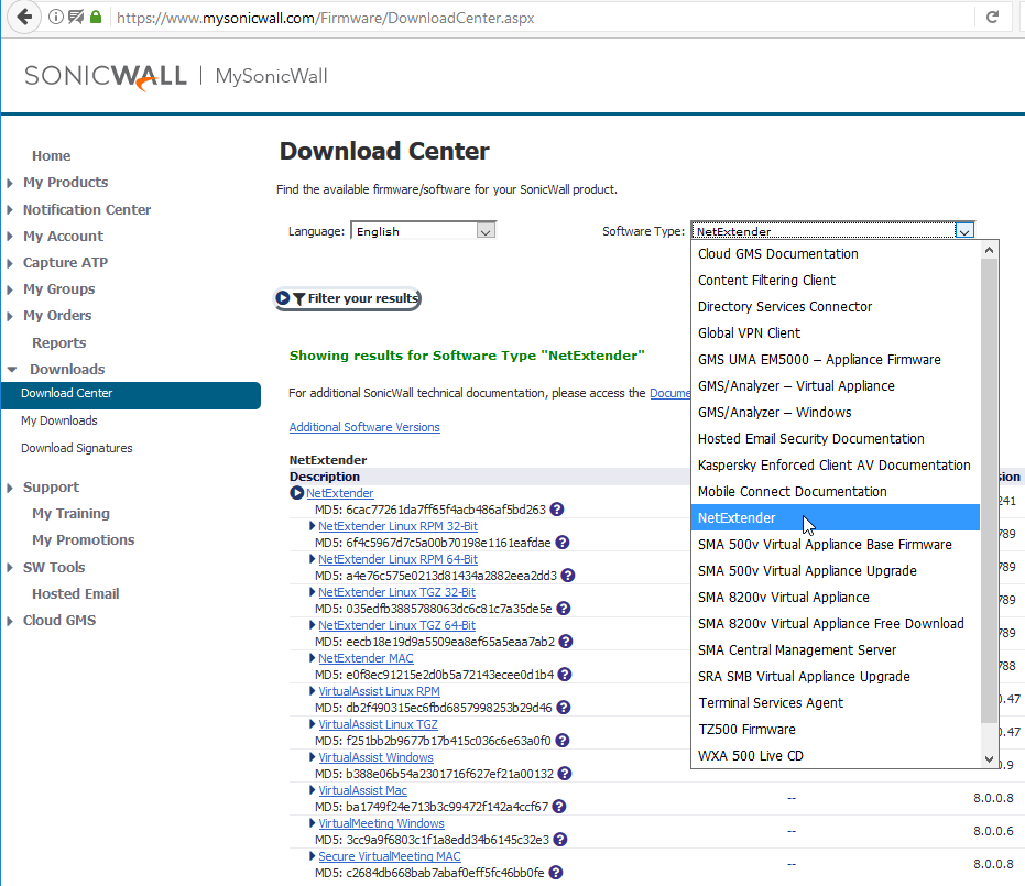 Download NetExtender at mysonicwall.com