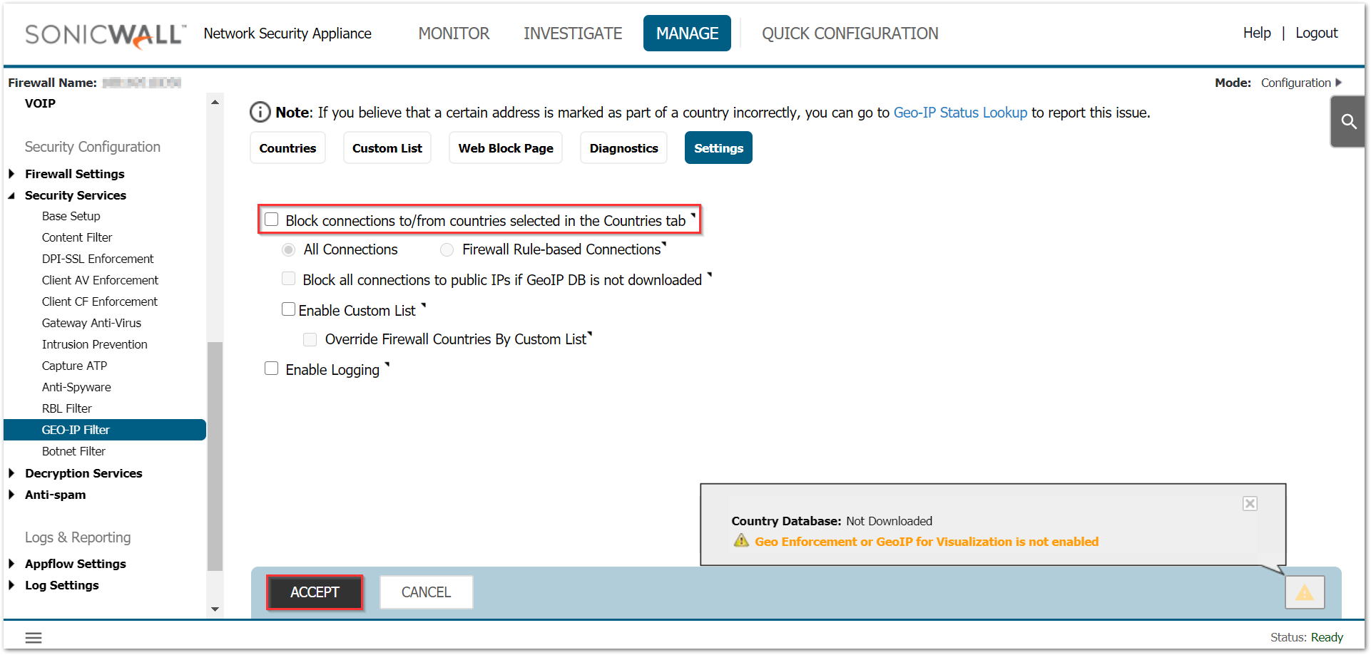 Geo-IP Filter Status Shows "Country Database: Not Downloaded.