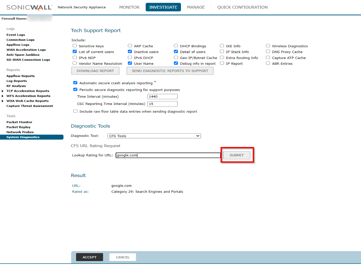 How to find out the CFS rating of a website? | SonicWall