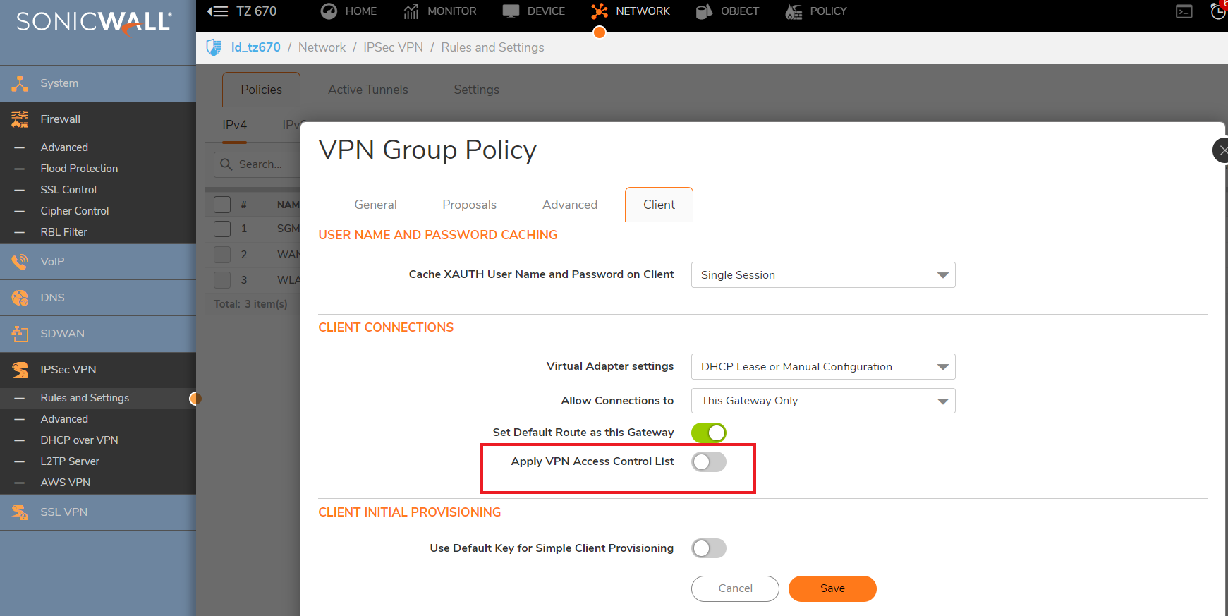 Purpose of Apply VPN Access Control List under GVC | SonicWall