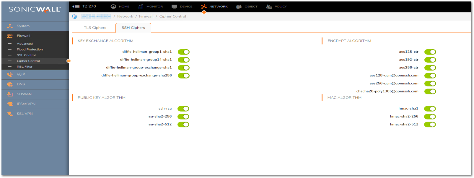 How to allow or block TLS and SSH ciphers using the Cipher Control