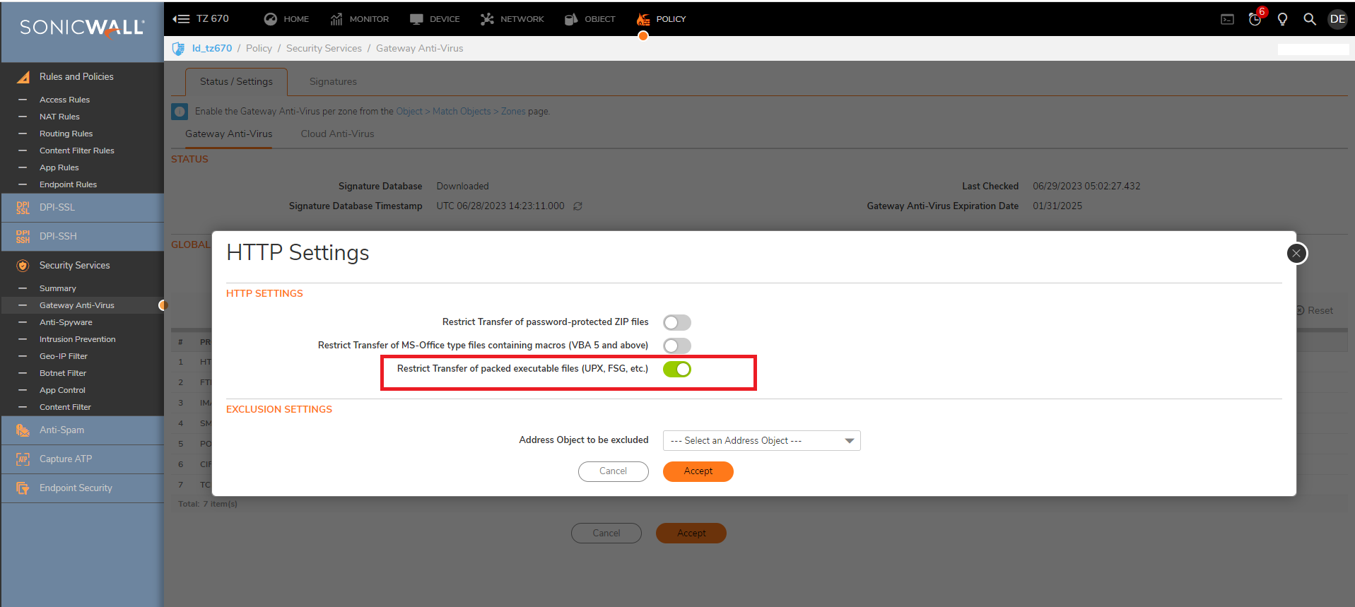 Gateway anti-virus blocking EXE or ZIP files download | SonicWall